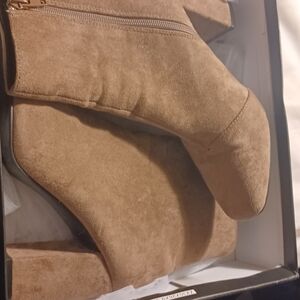 Lulu's Tan Heeled Boots with Elegant Design 3.5 inch heel worn 2xs